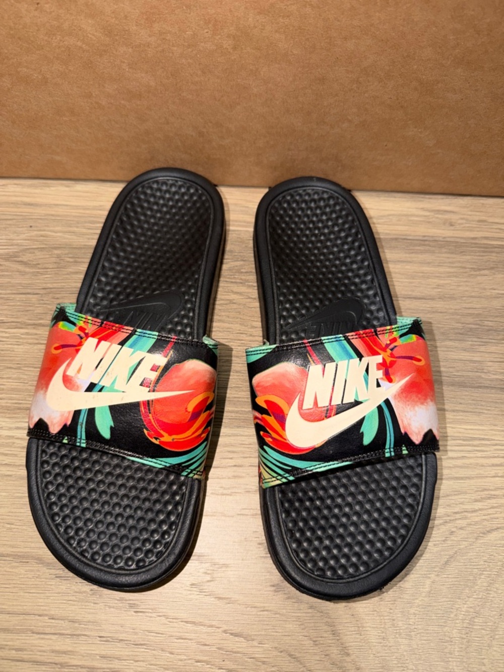 Nike Black Slides with Vibrant Floral Strap